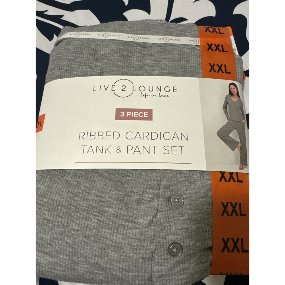 Live 2 Lounge Women's 3 Piece Ribbed Lounge Wear Pajama Set, Grey, XXL